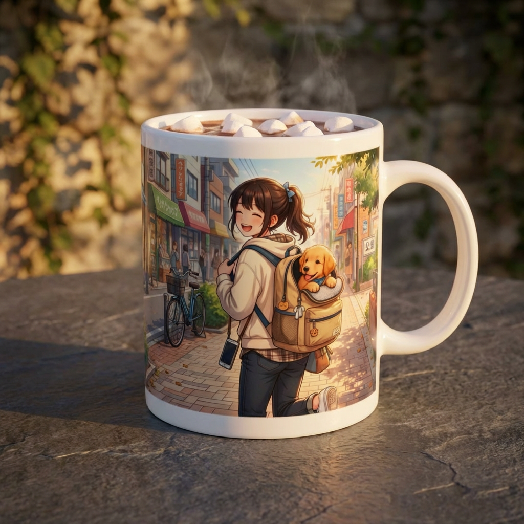 Cozy & Cute Puppy Backpack White Ceramic Mug (11oz, 15oz), Grins & Peeks Cobblestone Cup