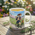 A Quiet Moment of Escape White Ceramic Mug — Sunlit Spring Sakura Cycling Cup (11oz, 15oz)