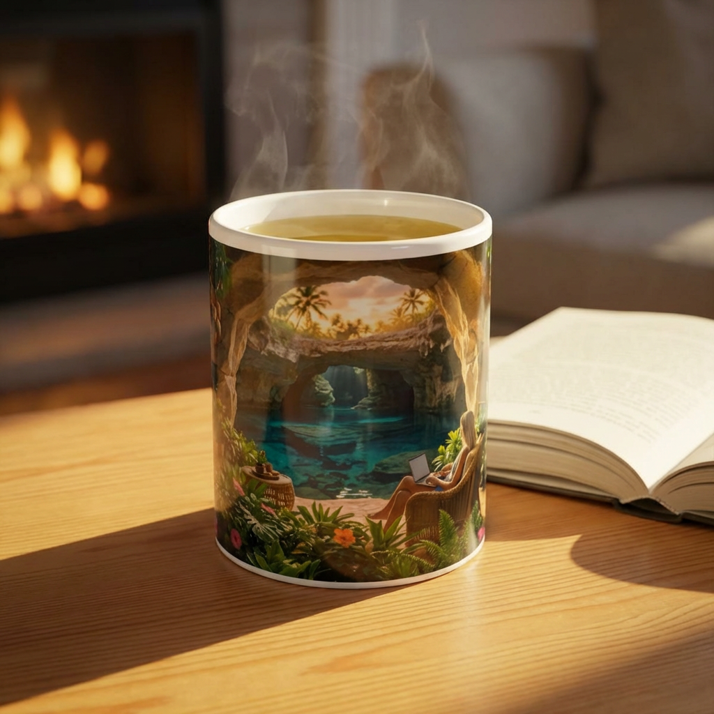 Tropical Cave Paradise White Ceramic Mug,  Relaxing Escape Cup (11 oz, 15 oz)