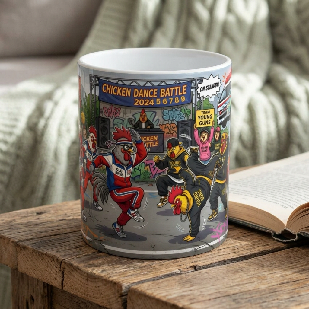Chicken Dance Battle White Ceramic Mug (11oz, 15oz) — Funny Rooster Street Dance Cup