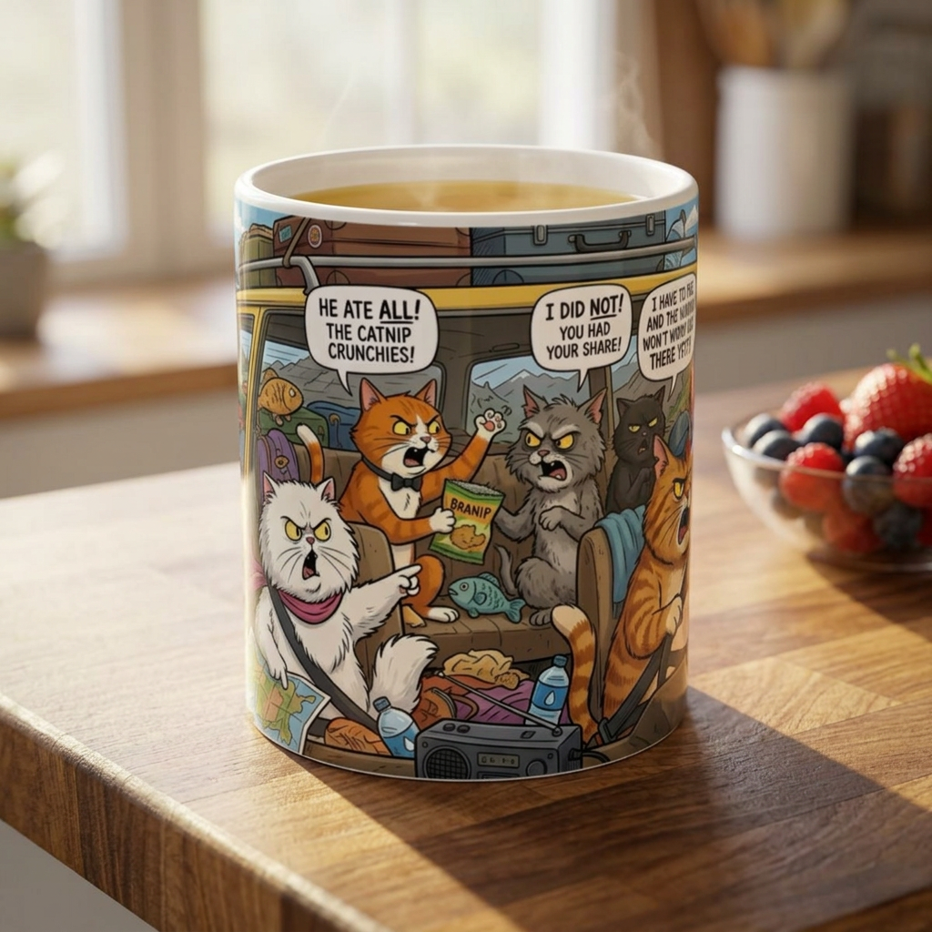 Funny Cat Road Trip White Ceramic Mug — Catnip Kitties Arguing Over Snacks Cup (11oz/15oz)