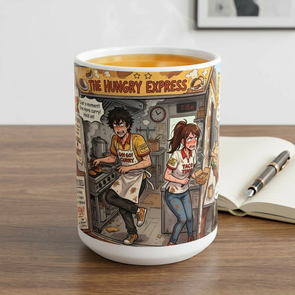 The Hungry Express "Gotta Go" White Ceramic Mug, Busy Food Truck Crew Cup (11oz/15oz)