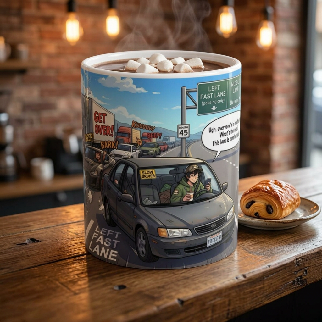 Distracted Slow Moving Commuter White Ceramic Mug — Procrastinator In The Left Fast Lane Tea Cup (11oz, 15oz)