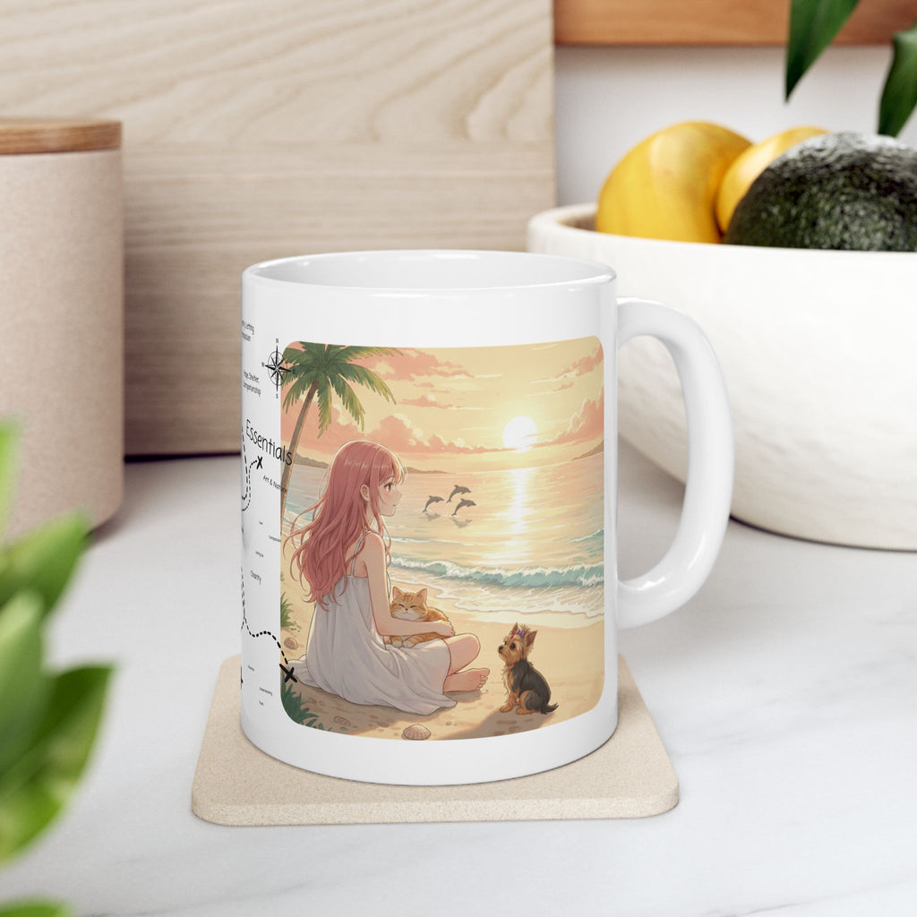 Cozy Peaceful Moments with Pets Sunset Beach White Ceramic Mug — Husky, Yorkie & Orange Cat Tropical Seascape Cup (11oz, 15oz)