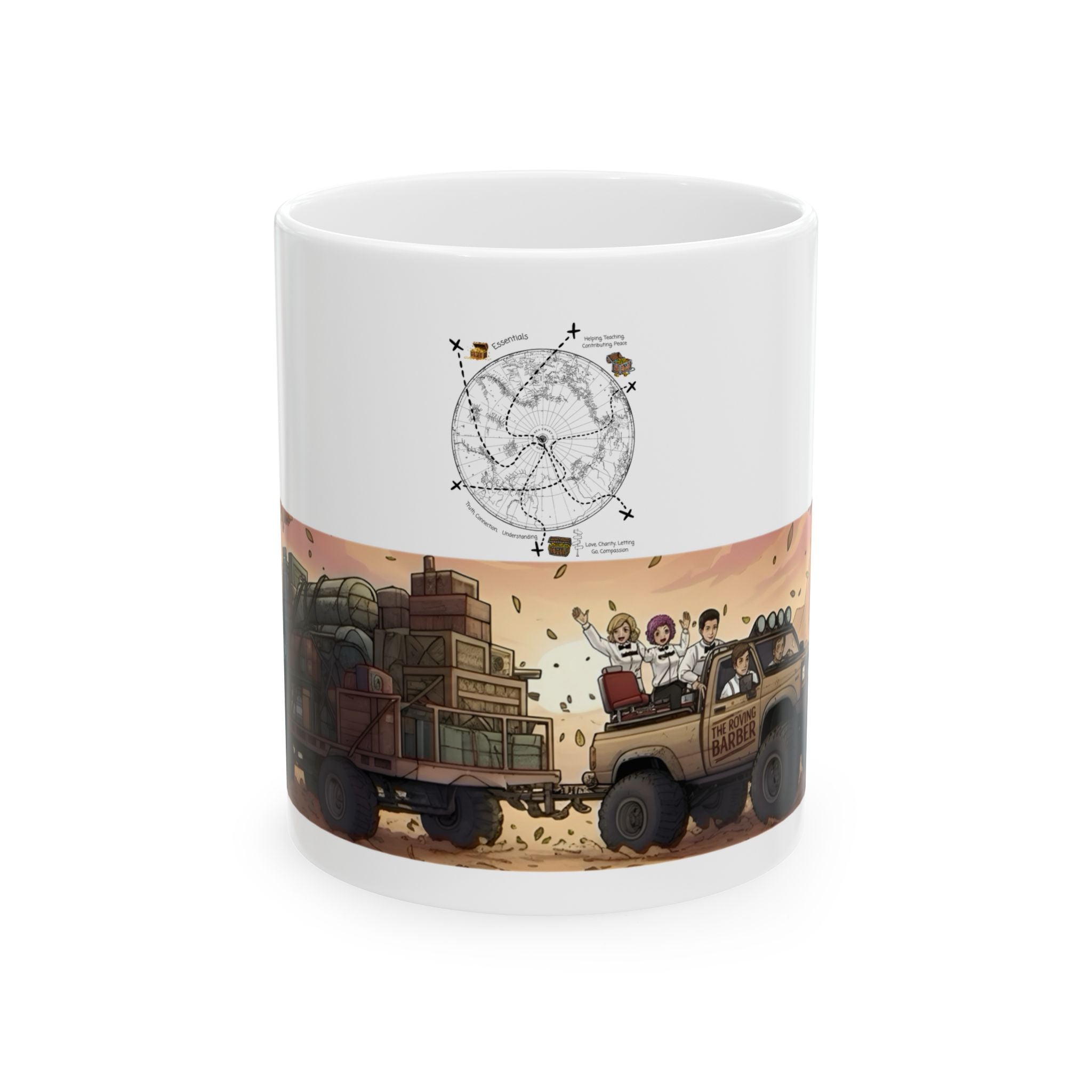 Adventure 4x4 Trucks #4, The Roving Barber White Ceramic Mug — Find Your Path To The Essentials Cup (11oz & 15oz)