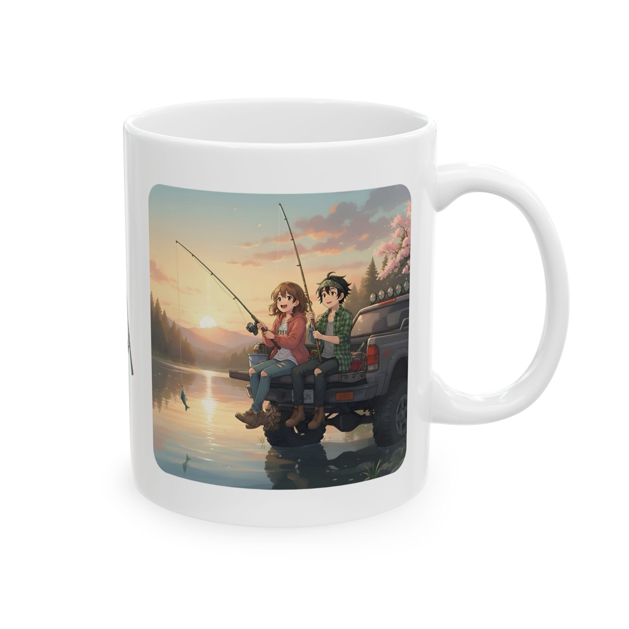 Romantic Sunset Lake Fishing Couple White Ceramic Mug — Sunrise Lake, Truck & Rod Anime Camping Adventure 11oz/15oz