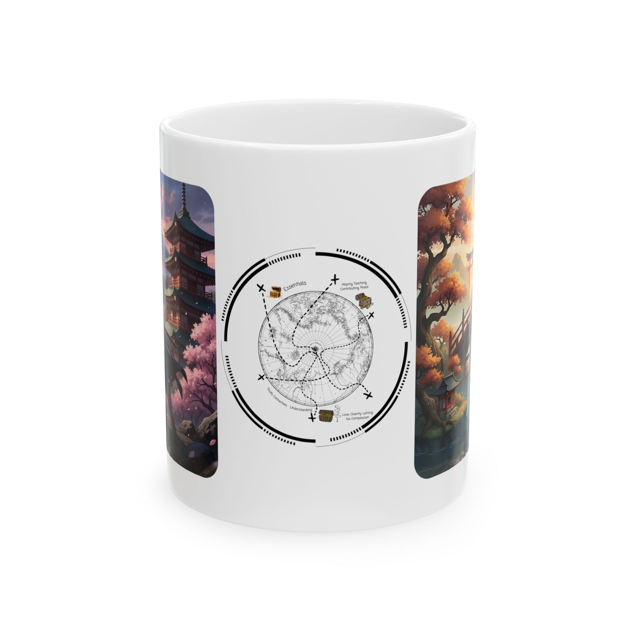 Japanese Samurai Cherry Blossom Love White Ceramic Mug (11oz/15oz),The Serene Path Mount Fuji Sunset Cup