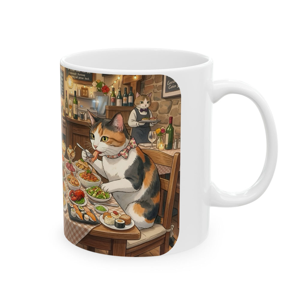 Cat Ghibli Whisker Bistro White Ceramic Mug — Cozy Feline Tapas Cafe Cup (11oz/15oz)