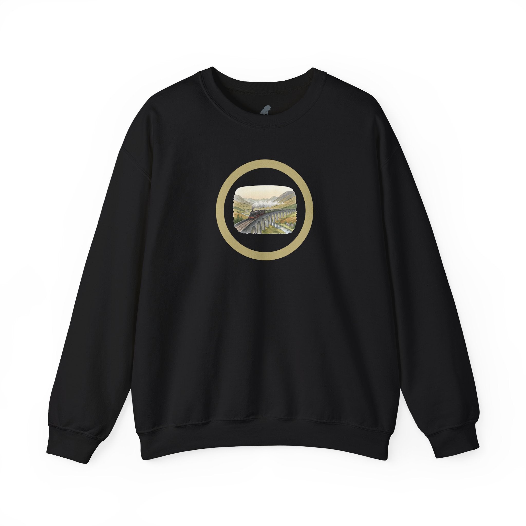Crewneck Circle Locomotive Sweatshirt — Vintage River Landscape Train