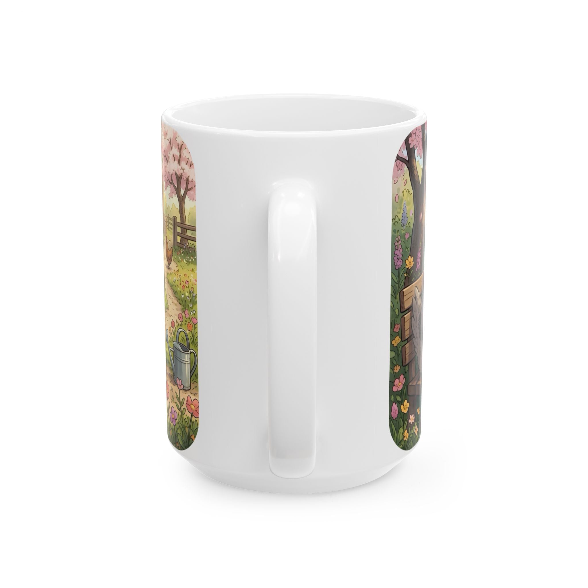 Spring Rooster & Chickens White Ceramic Mug — Cute & Cozy Country Farm Tea Cup (11oz/15oz)