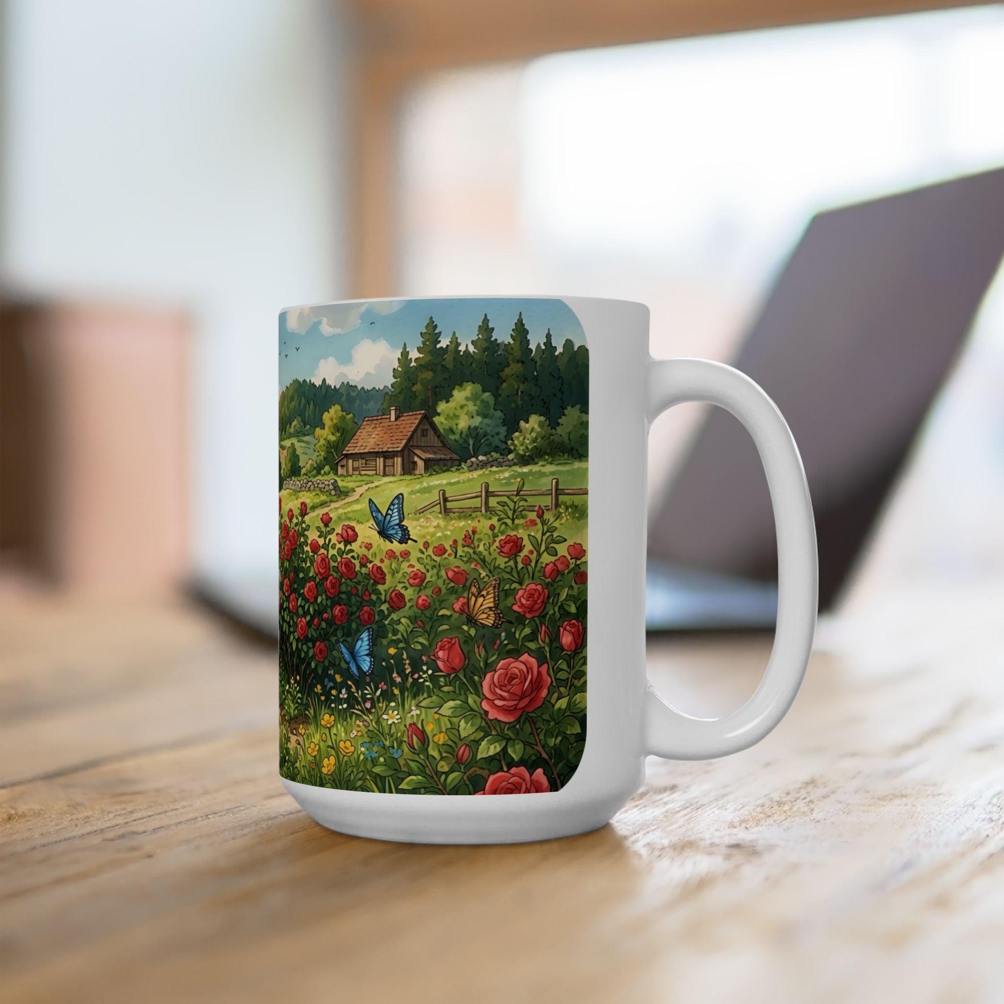 Scenic Countryside White Ceramic Mug — Floral Garden & Butterflies 11oz/15oz
