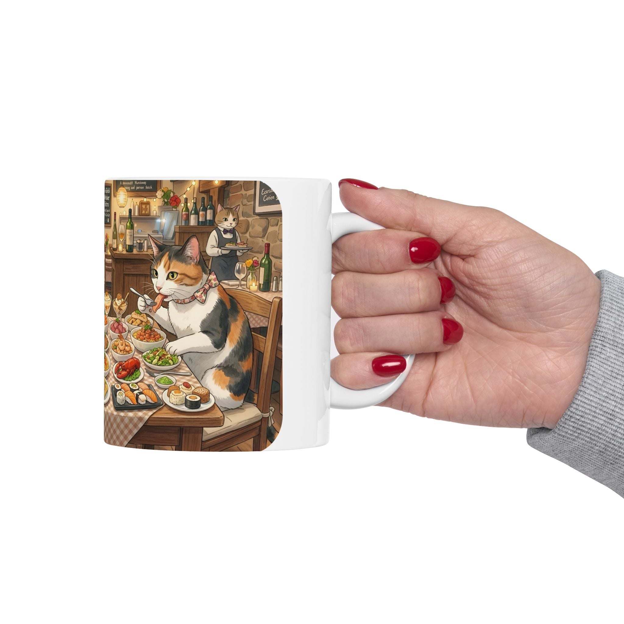 Cat Ghibli Whisker Bistro White Ceramic Mug — Cozy Feline Tapas Cafe Cup (11oz/15oz)