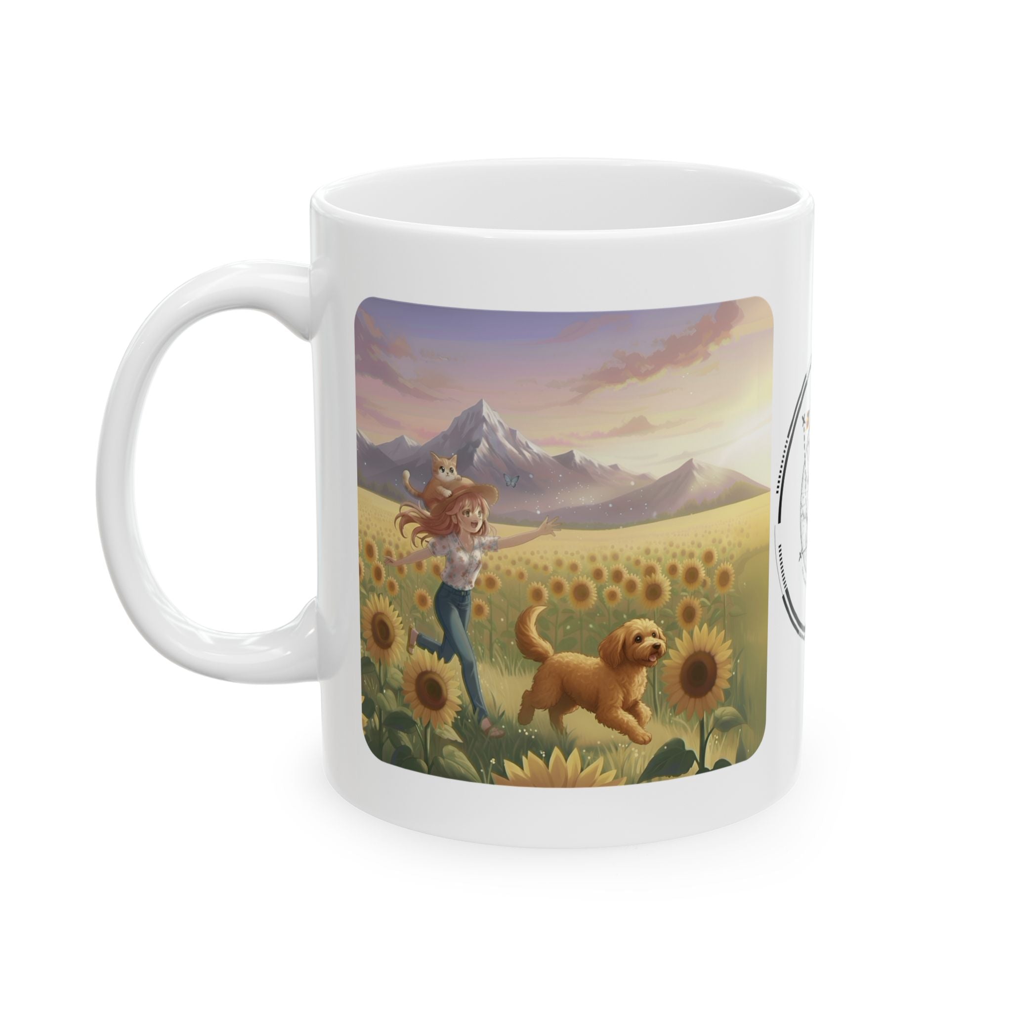 Goldendoodle Dog Orange Cat Sunset & Sunflower White Ceramic Mug — Peaceful Waves Anime Girl Boho Beach Vibes Cup (11oz, 15oz)