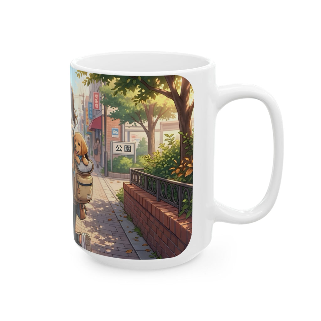 Cozy & Cute Puppy Backpack White Ceramic Mug (11oz, 15oz), Grins & Peeks Cobblestone Cup