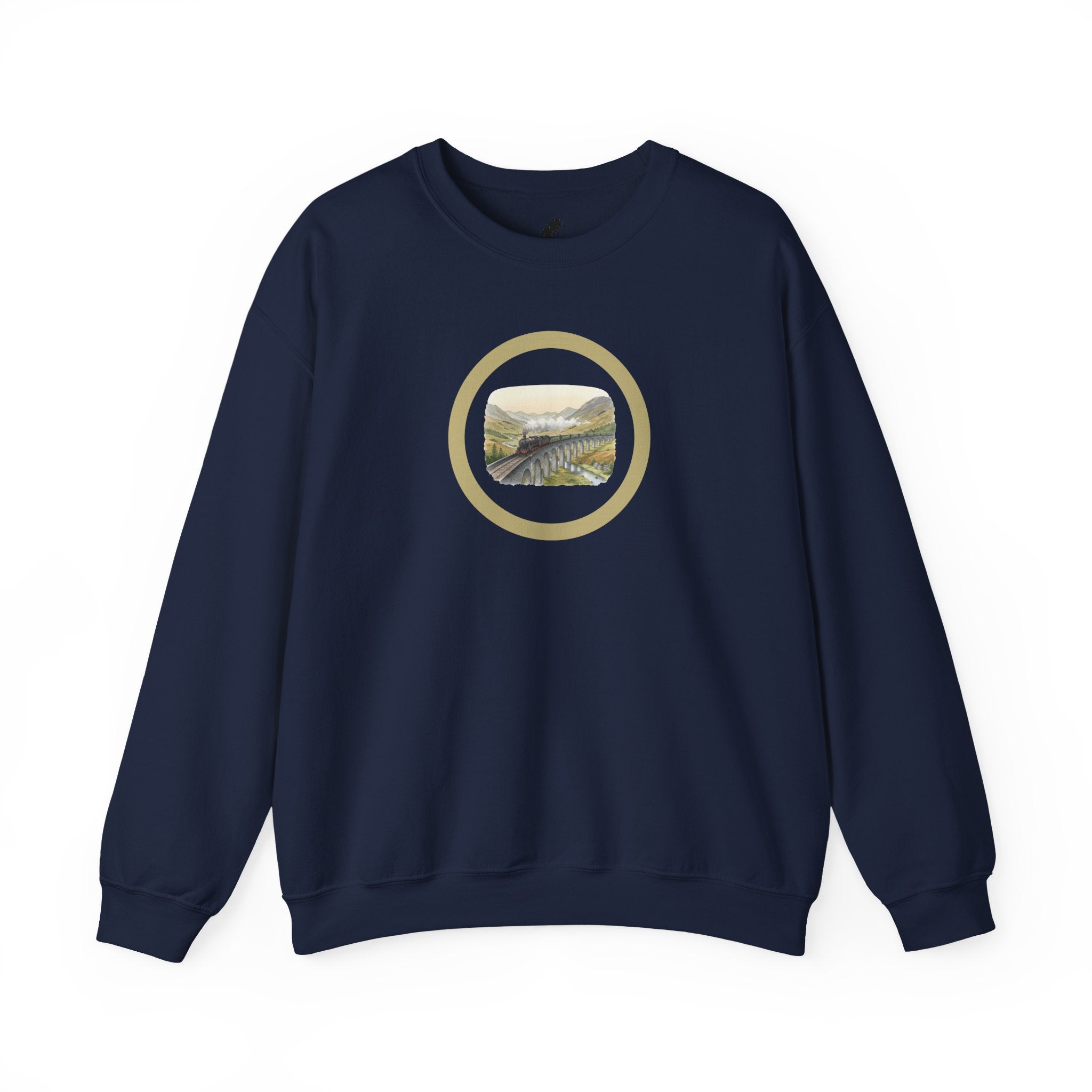 Crewneck Circle Locomotive Sweatshirt — Vintage River Landscape Train