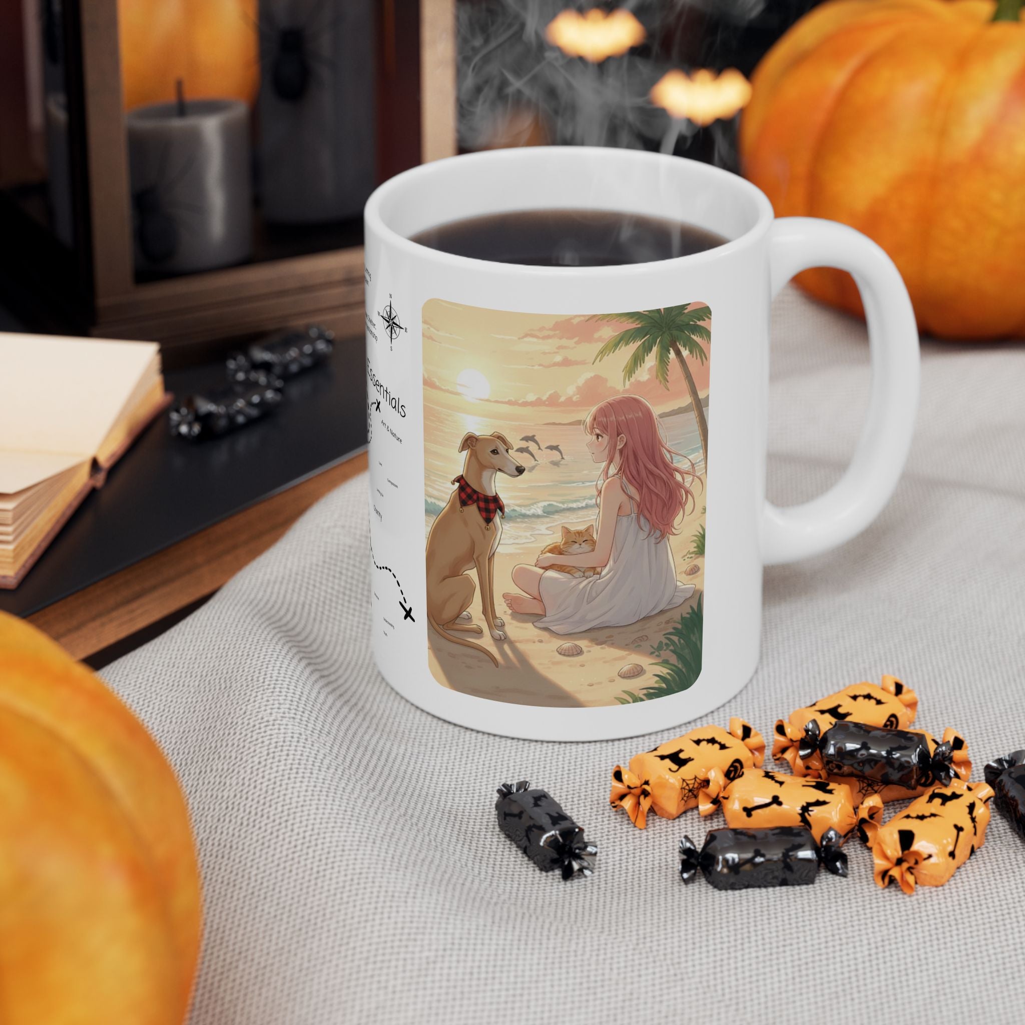 Dreamy Whippet Greyhound Dog & Orange Cat Tropical Seascape White Ceramic Mug, Cozy Owner and Pet Mom on Beach Cup (11oz, 15oz)