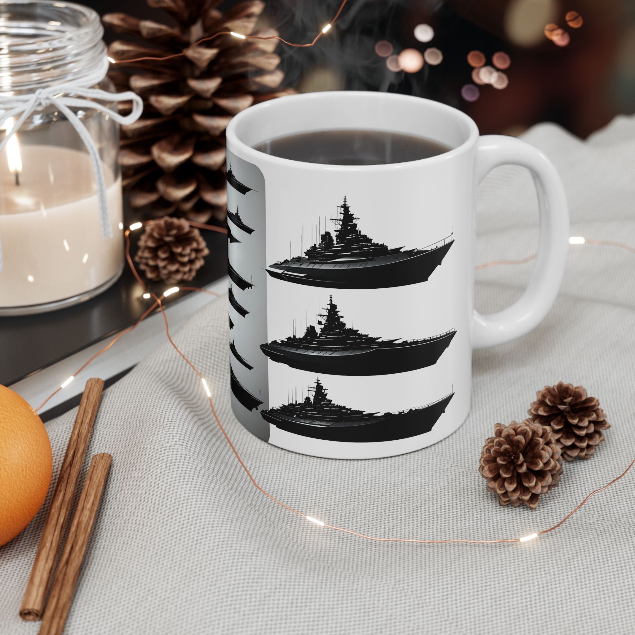Tactical Battleship Silhouettes White Ceramic Mug — Naval Maritime Warships Cup (11oz & 15oz)