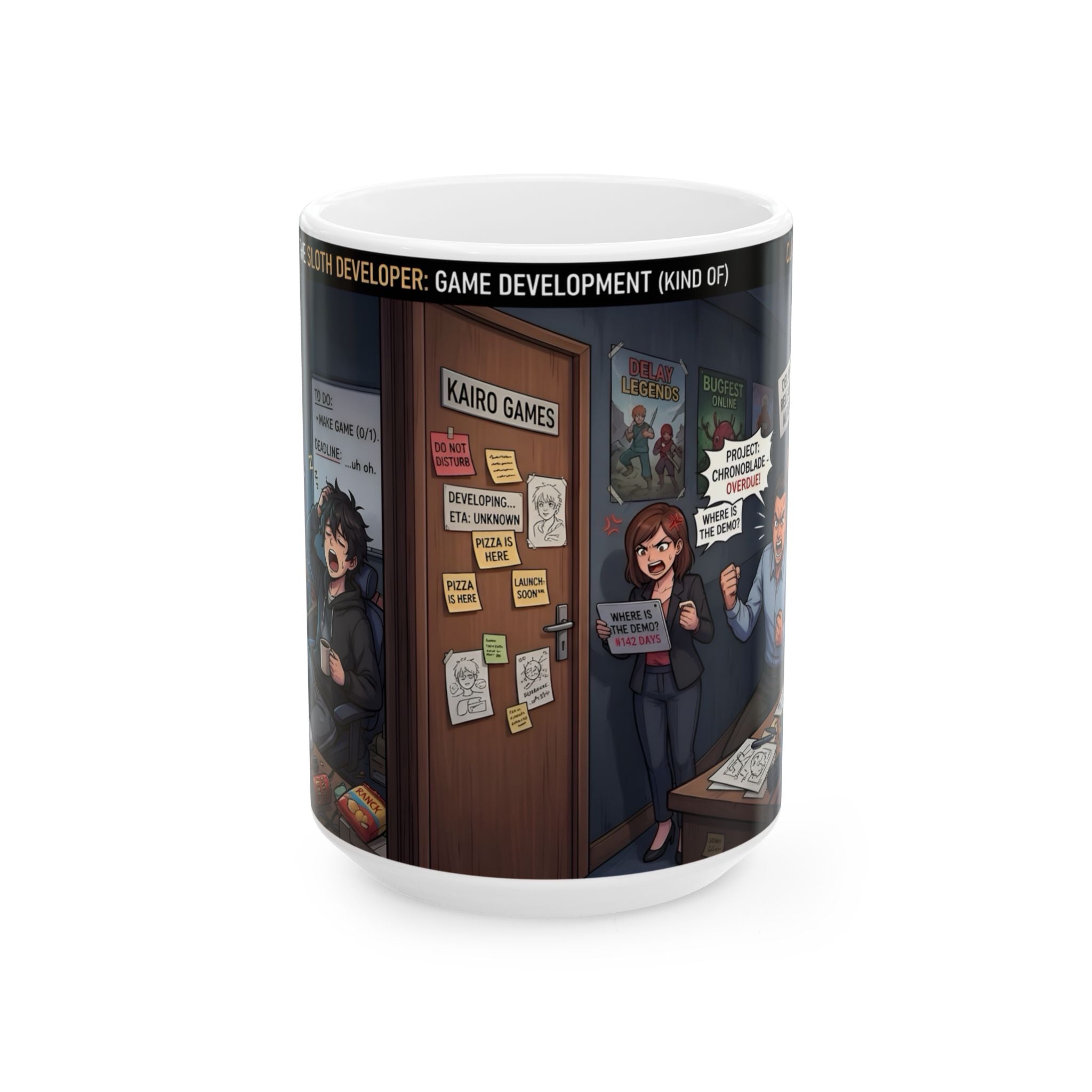 Indie Game Developer Life White Ceramic Mug — Funny Gaming Studio Office Cup, 11oz & 15oz