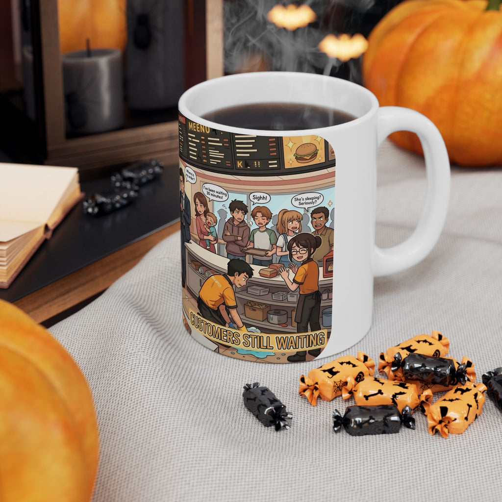 Funny Fast-Food Shift White Ceramic Mug – “Worst Nightmares” Comic Cafe Cup (11oz/15oz)