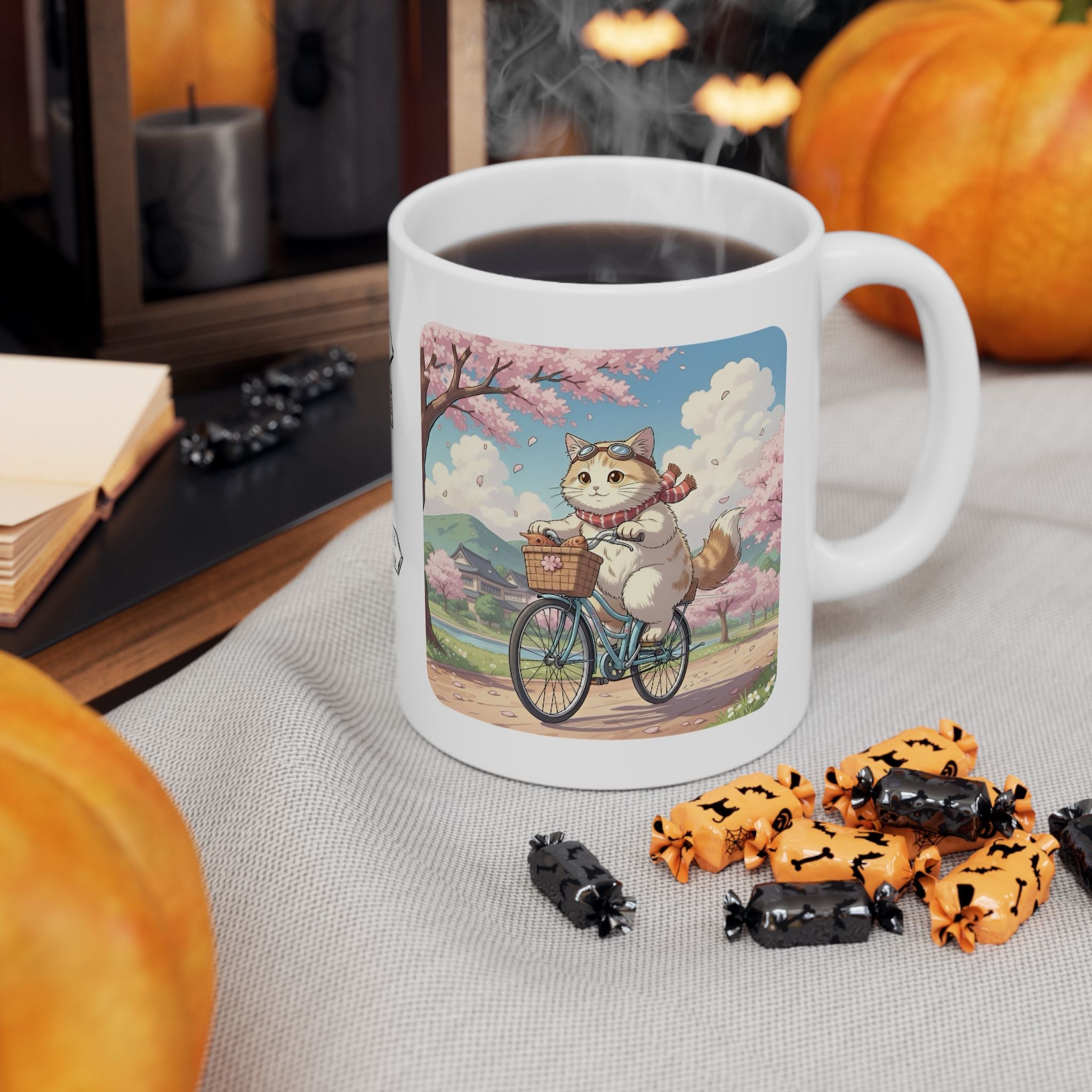 Cozy Kawaii Kitty Riding in Sakura Japan White Ceramic Mug — Whiskers on Wheels, Cherry Blossom Calm Cup, 11o z & 15oz