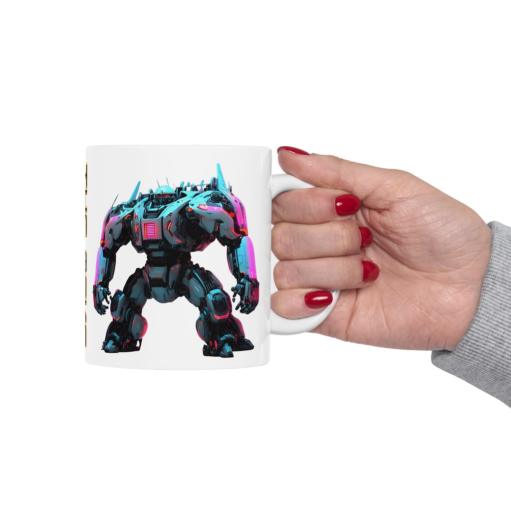 'The Meks' Sci‑Fi Mech Robot #7 White Ceramic Mug (11oz & 15oz), Retro Cyberpunk Tea Cup