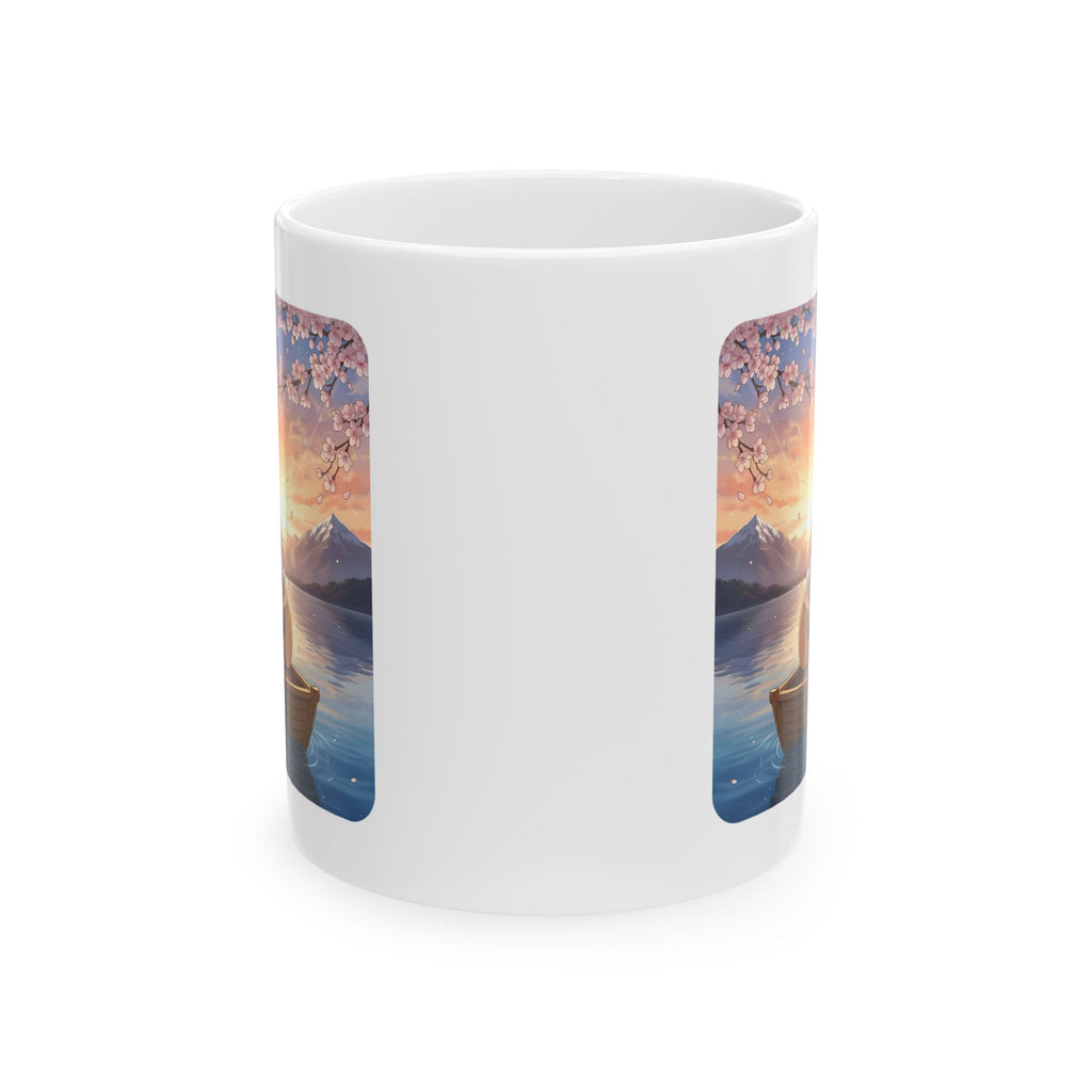 Cozy Guitarist And Her Sleeping Ginger Cat White Ceramic Mug — Japanese Cherry Blossom Mountain Anime Cup (11oz/15oz)