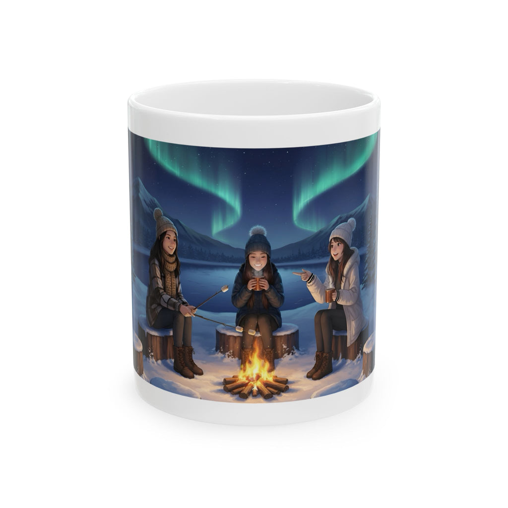 Cozy Aurora Borealis Friends Under The Northern Lights White Ceramic Mug — Starry Wintry Night Sky & World Map To Explore Cup (11oz, 15oz)