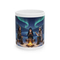 Cozy Aurora Borealis Friends Under The Northern Lights White Ceramic Mug — Starry Wintry Night Sky & World Map To Explore Cup (11oz, 15oz)