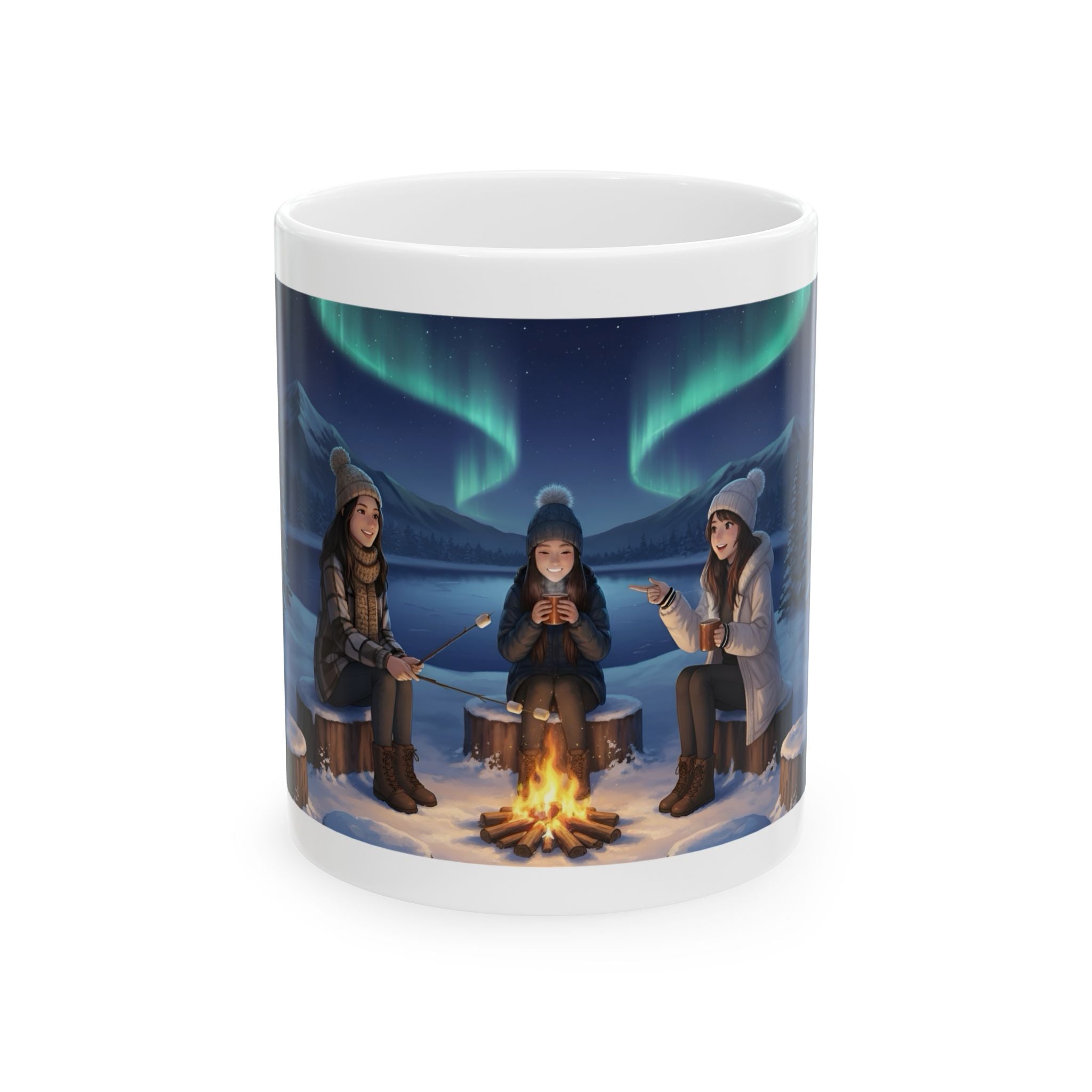 Cozy Aurora Borealis Friends Under The Northern Lights White Ceramic Mug — Starry Wintry Night Sky & World Map To Explore Cup (11oz, 15oz)