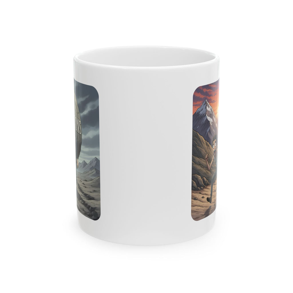 Unbreakable Men Overcoming Life's Burdens White Ceramic Mug, (11oz, 15oz), Common Threads Resilience Strength Cup