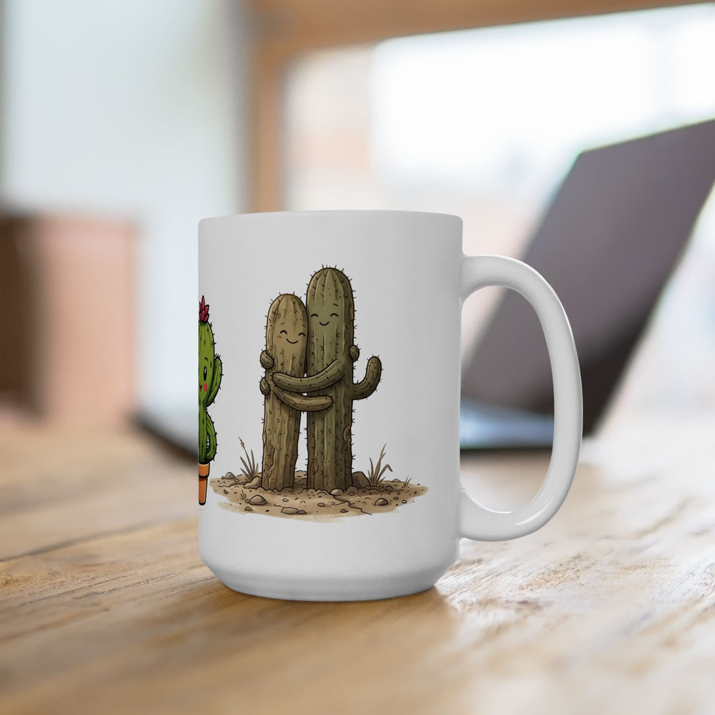 Cactus Couple White Ceramic Mug — Cute Potted Terracotta Tea Cup (11oz & 15oz)