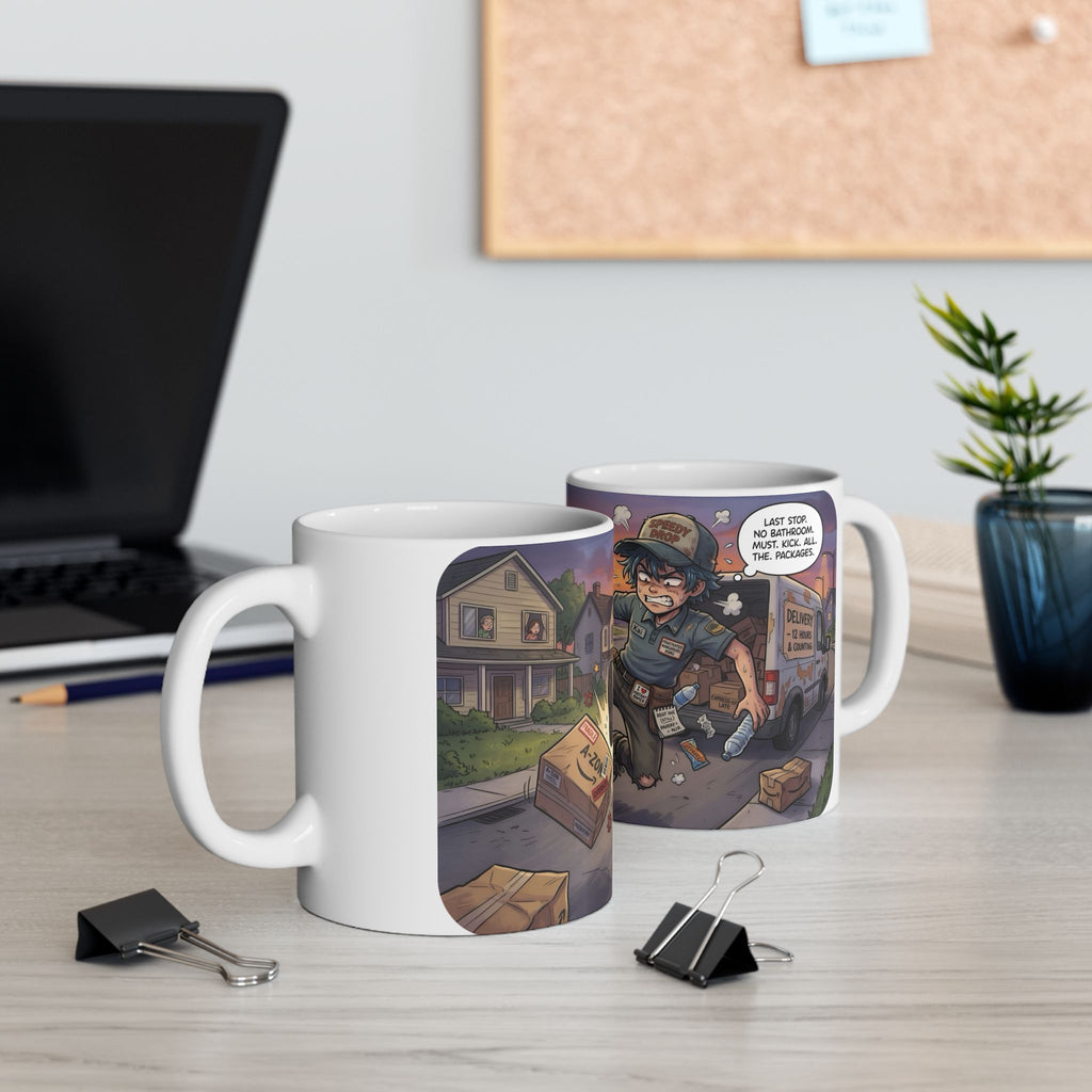 Speedy Drop Delivery Bathroom Tales White Ceramic Mug — "Gotta Go" Postal Worker Tea Cup (11oz/15oz)