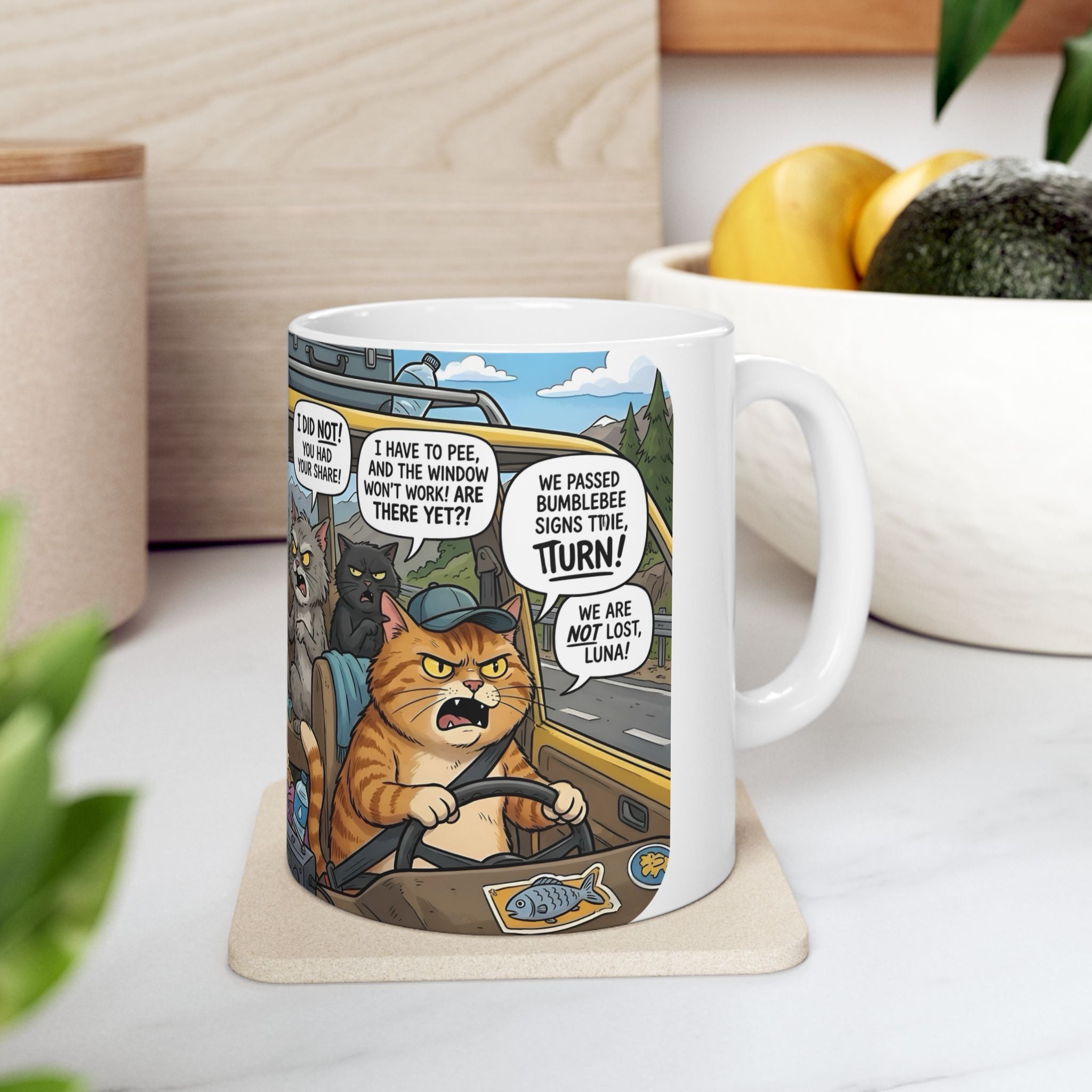 Funny Cat Road Trip White Ceramic Mug — Catnip Kitties Arguing Over Snacks Cup (11oz/15oz)
