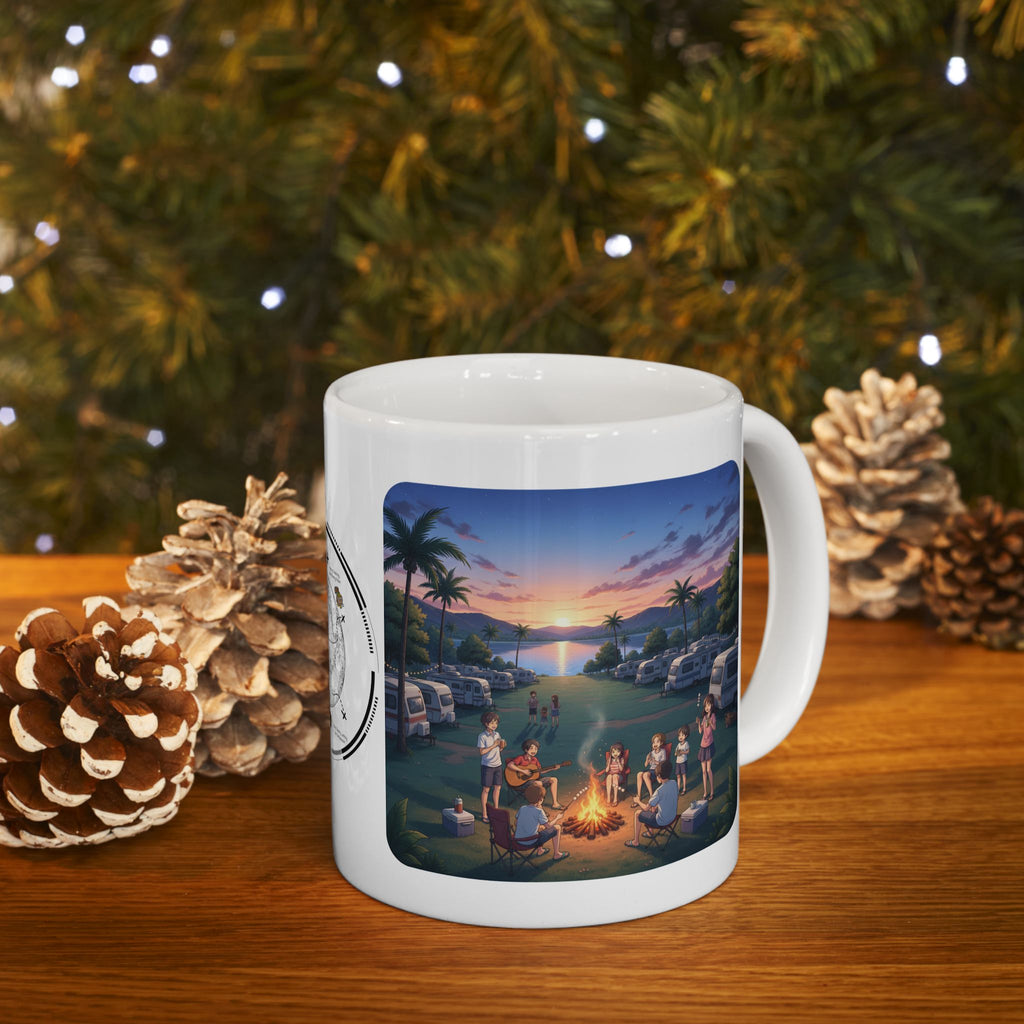 Cozy Sunset Lake Travel Adventure White Ceramic Mug — Vintage Map Compass & Tropical RV Roadtrip Cup (11oz/15oz)