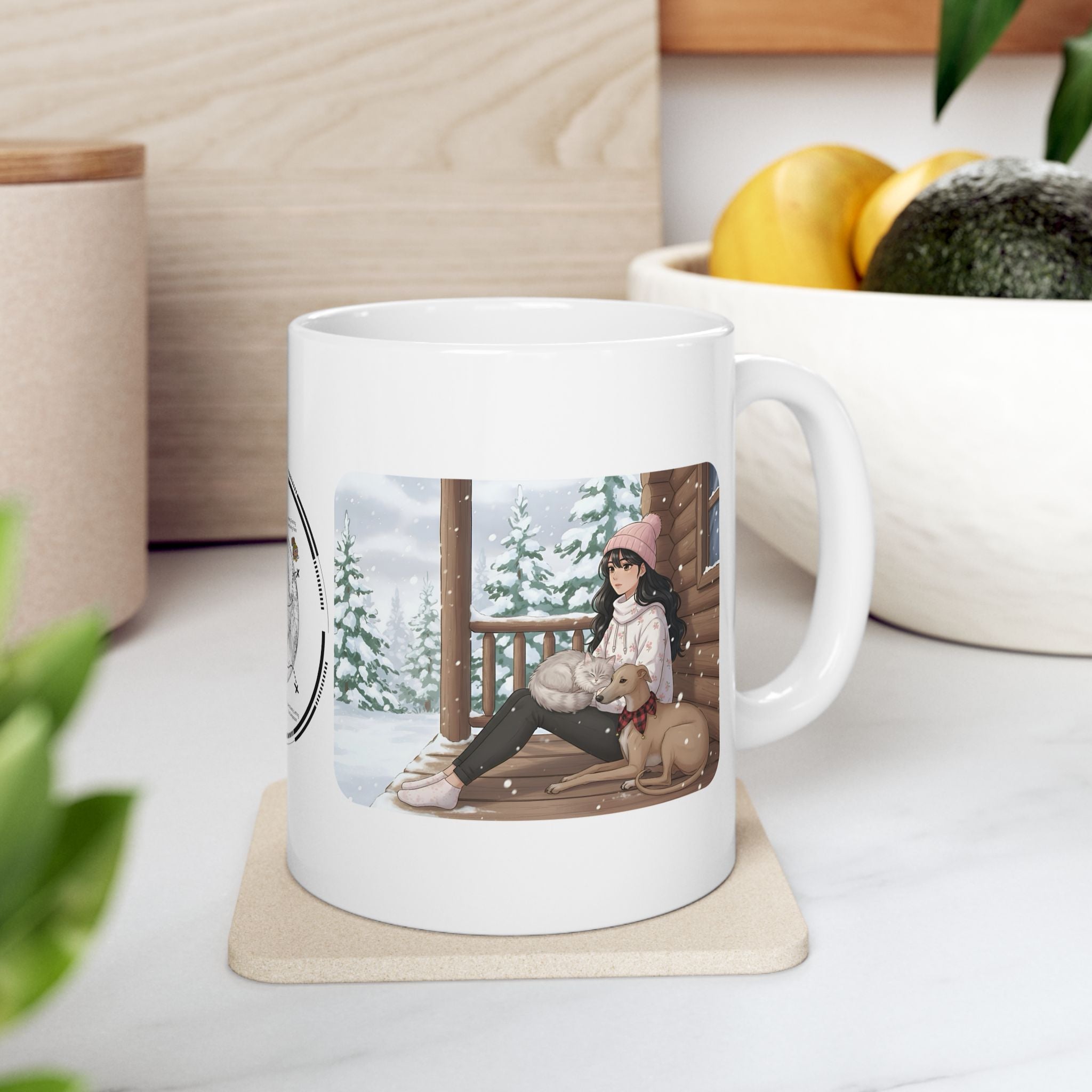 Cozy Cottagecore Hygge Winter Cabin Getaway White Ceramic Mug — Peaceful Snowy Mountain Winter Wonderland Cup (11oz, 15oz)