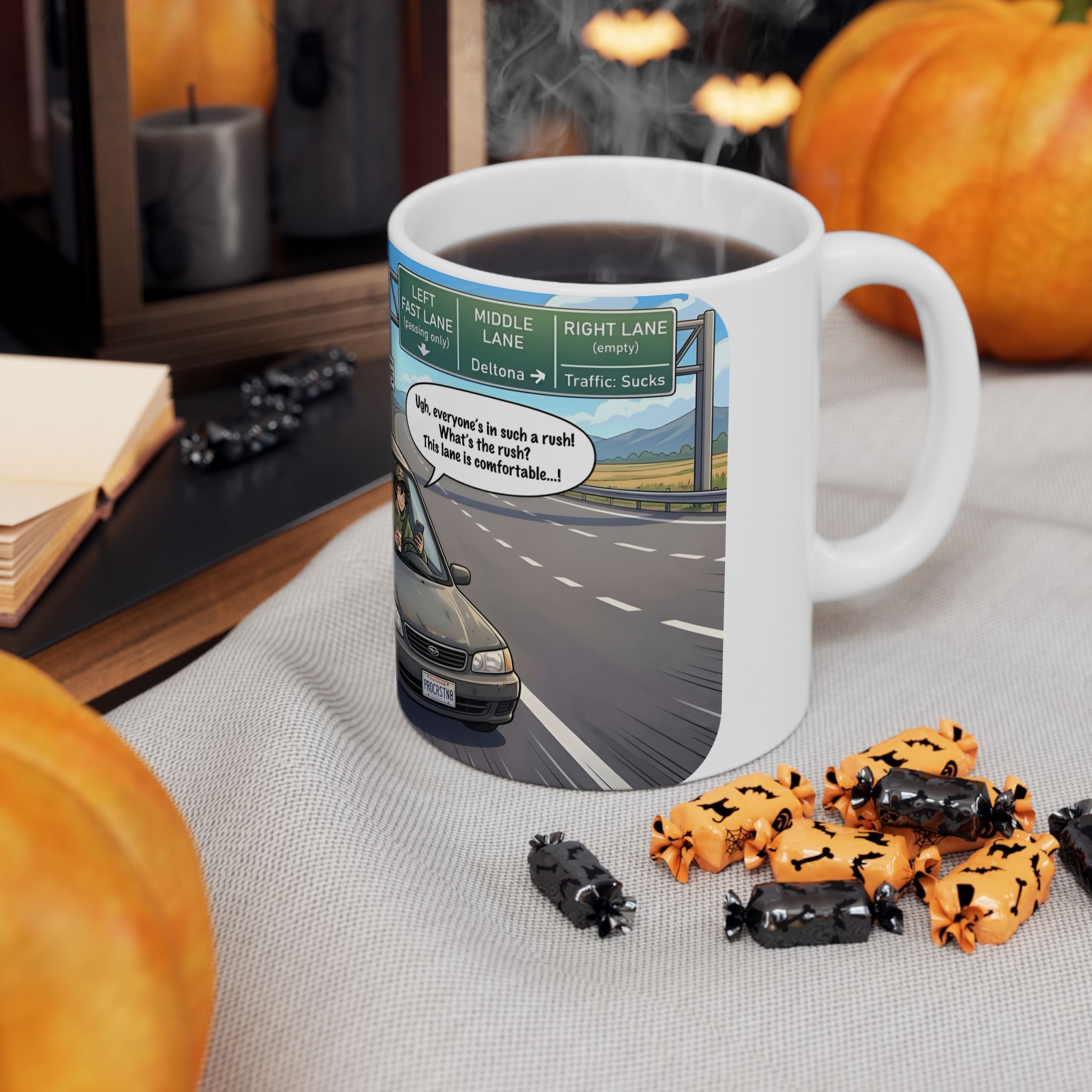 Distracted Slow Moving Commuter White Ceramic Mug — Procrastinator In The Left Fast Lane Tea Cup (11oz, 15oz)