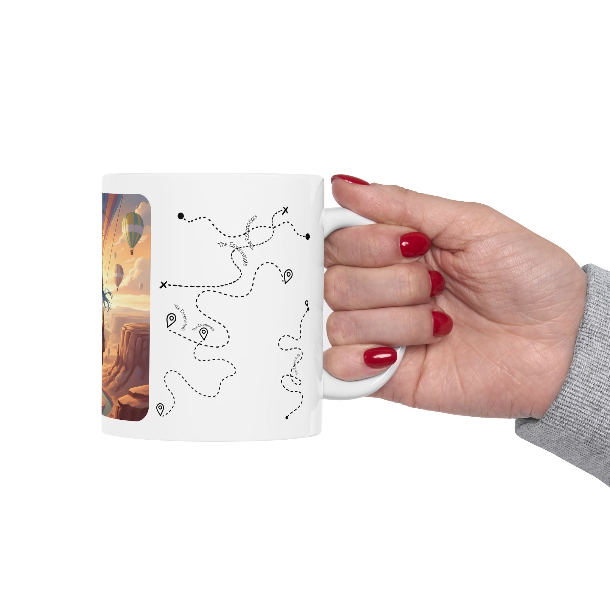 Joyful Friendship Landscape, Colorful Balloon Adventure White Ceramic Mug — True Wealth, Adventure, & Creativity Cup (11oz/15oz)