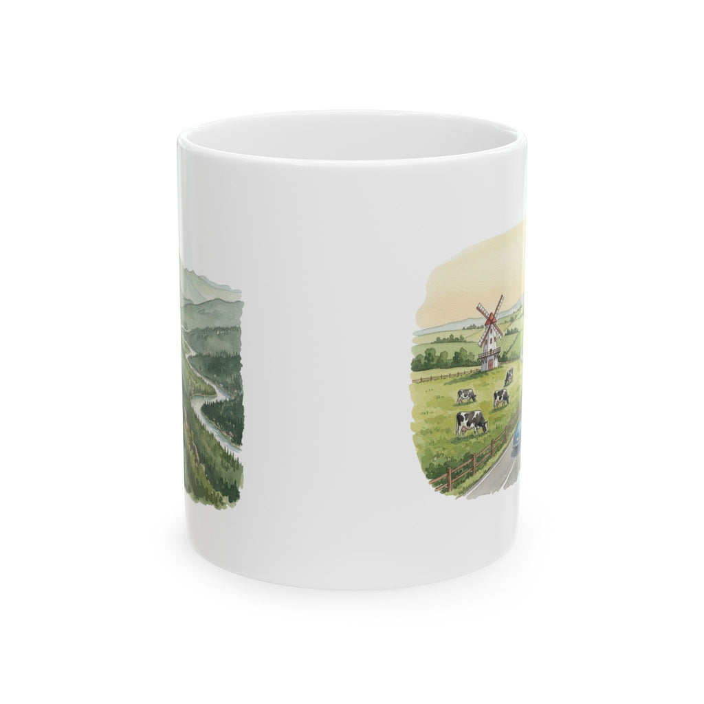 Scenic Convertible Countryside Drive White Ceramic Mug (11oz, 15oz), Relaxing and Cozy Open Road Mountain Getaway Cup