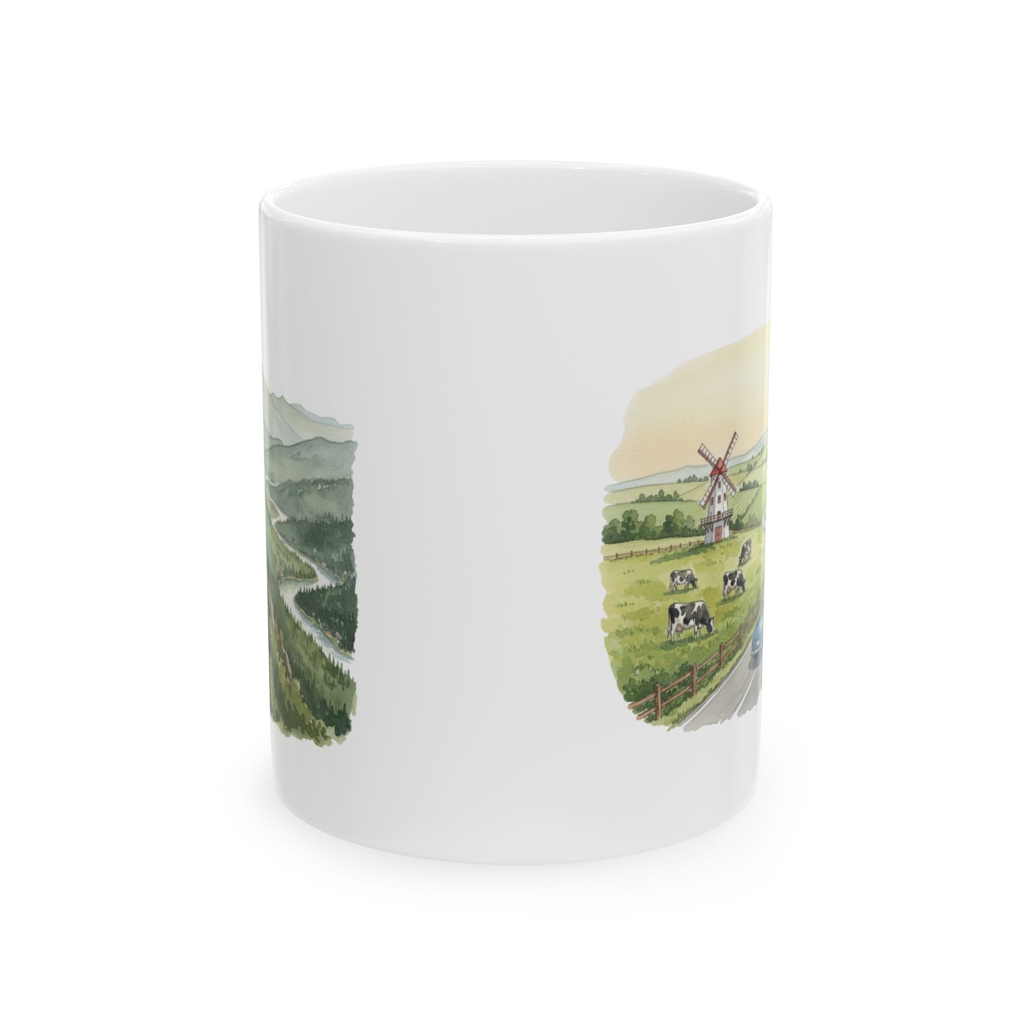 Scenic Convertible Countryside Drive White Ceramic Mug (11oz, 15oz), Relaxing and Cozy Open Road Mountain Getaway Cup