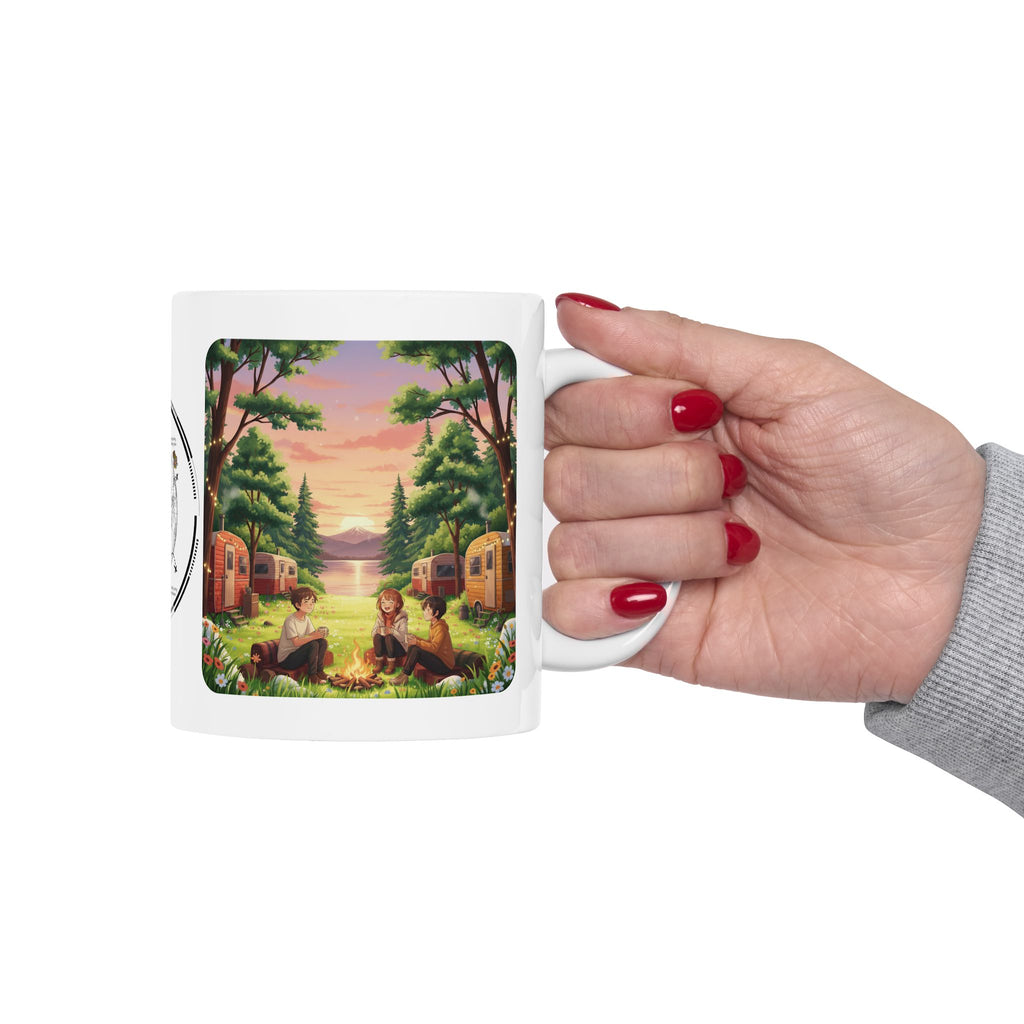 Cozy Hearth & Home White Ceramic Mug — Sunset Mountain View Vintage Camper Cup (11oz/15oz)