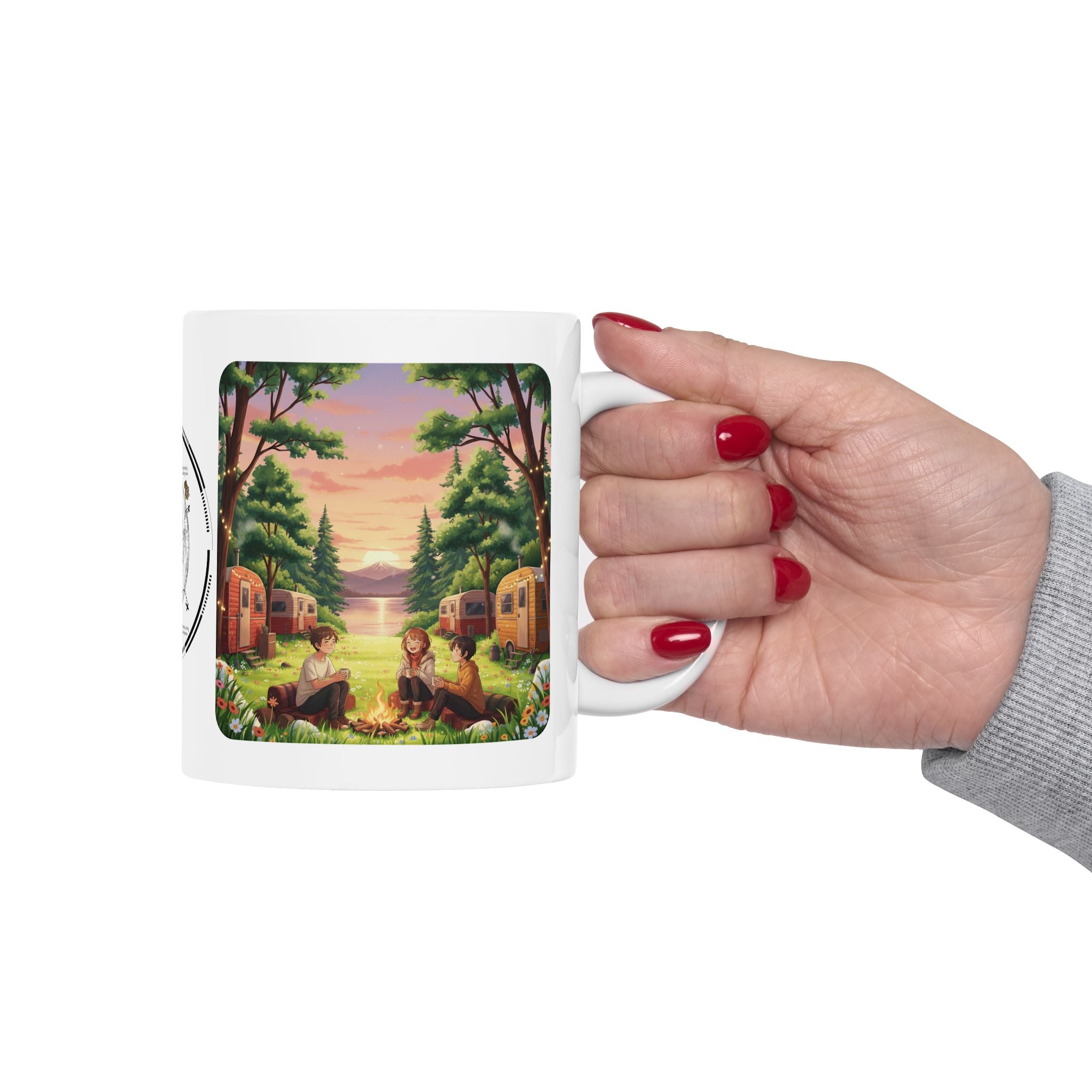 Cozy Hearth & Home White Ceramic Mug — Sunset Mountain View Vintage Camper Cup (11oz/15oz)