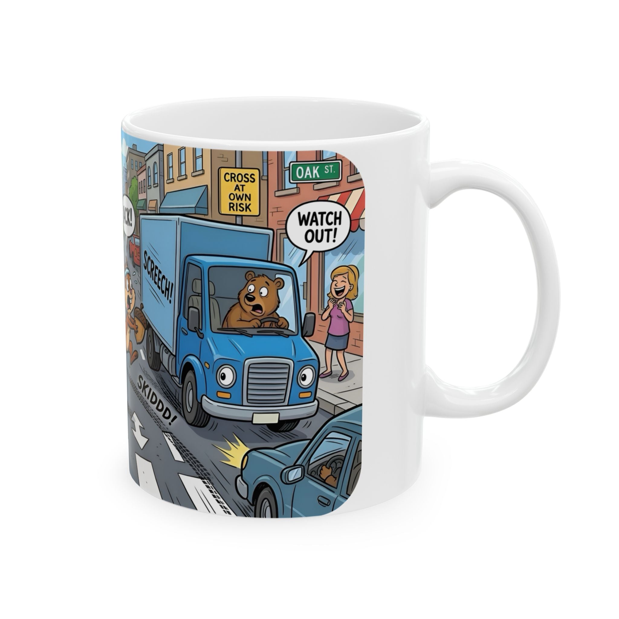Nutsy's Crossy Road White Ceramic Mug – Adventurous Squirrel Crossing Cup (11oz/15oz)