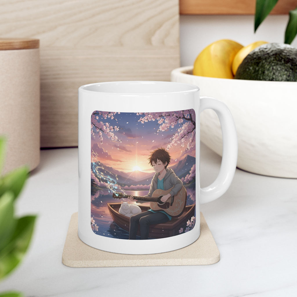 Guitarist & Cat Sunset Lake White Ceramic Mug — Tranquil Nature Music Scene (11oz, 15oz)