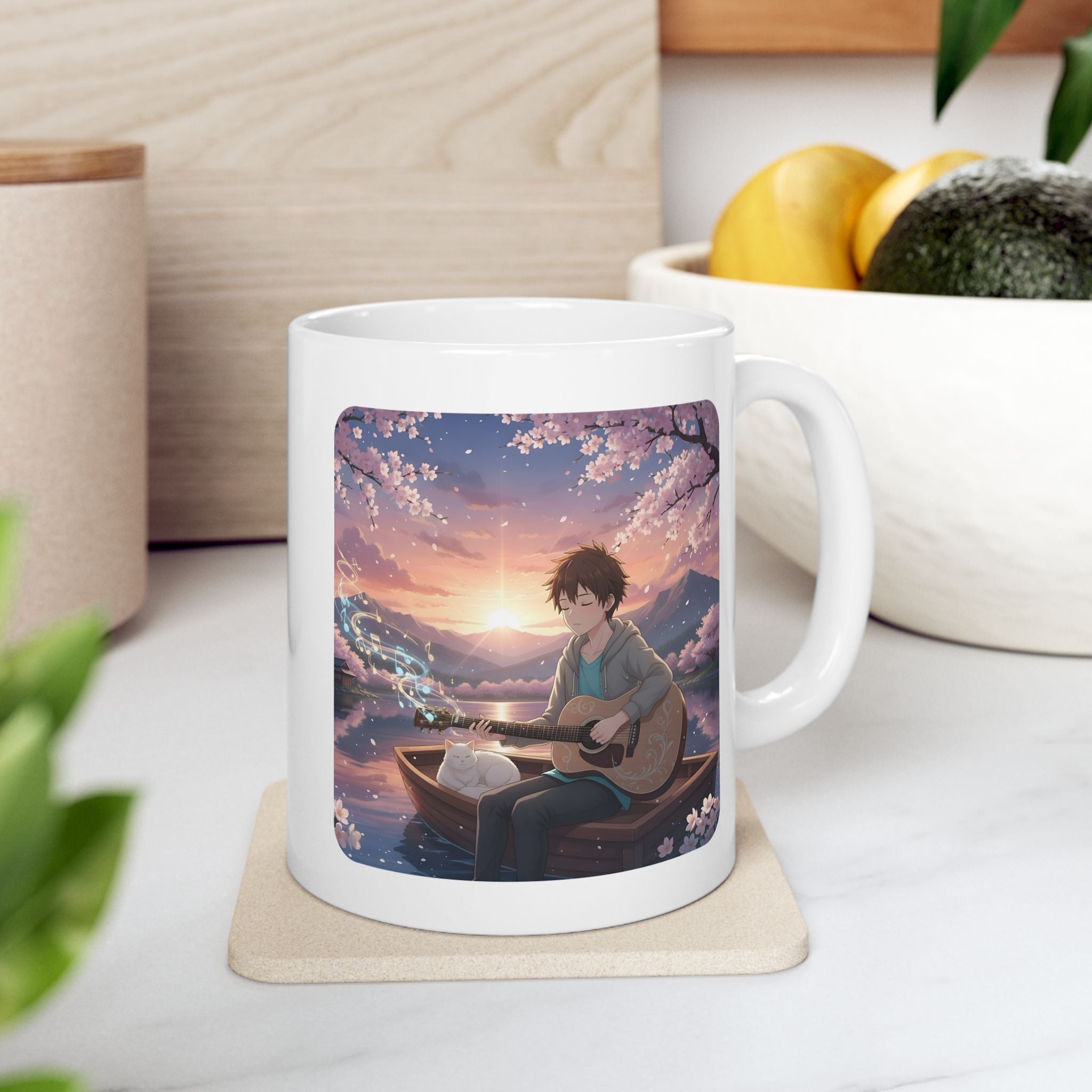 Guitarist & Cat Sunset Lake White Ceramic Mug — Tranquil Nature Music Scene (11oz, 15oz)