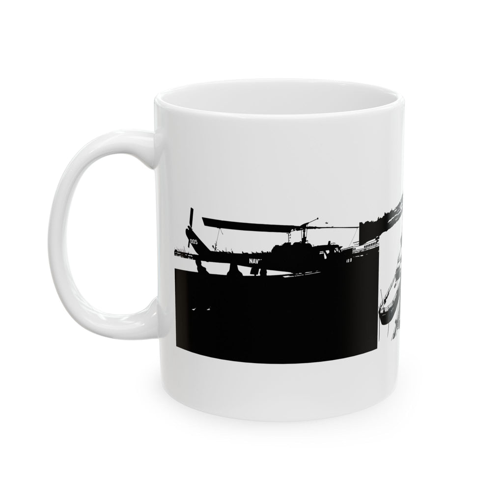 Harbor Panorama White Ceramic Mug — Black & White Maritime Port Cup (11oz, 15oz)
