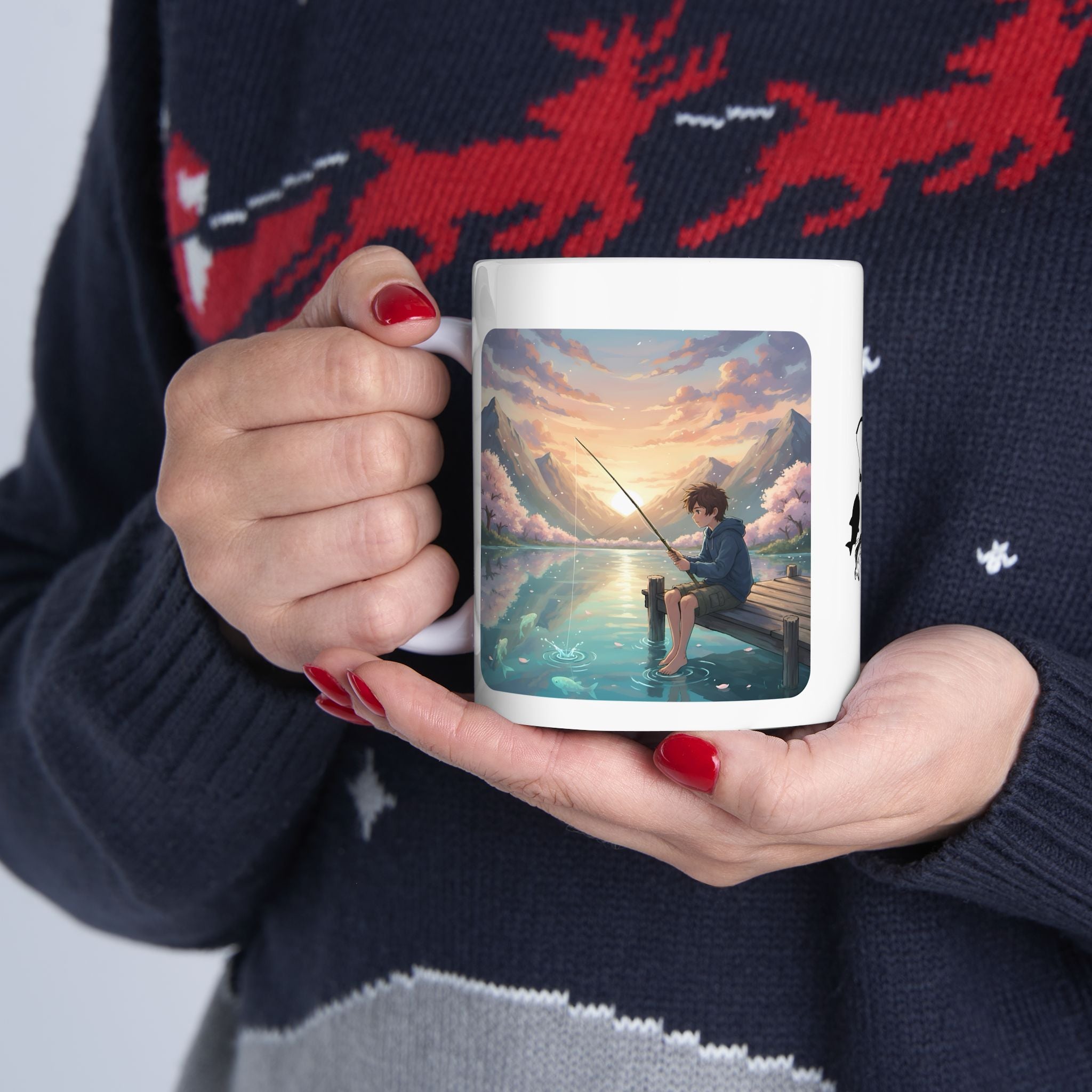 Boy Fishing at Sunset on Lakefront Pier White Ceramic Mug, Mountain View Cherry Blossom Serenity Cup (11oz, 15oz)