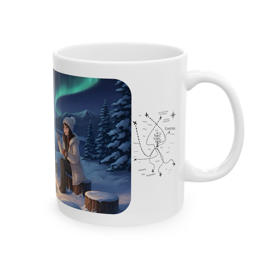 Cozy Aurora Borealis Friends Under The Northern Lights White Ceramic Mug — Starry Wintry Night Sky & World Map To Explore Cup (11oz, 15oz)