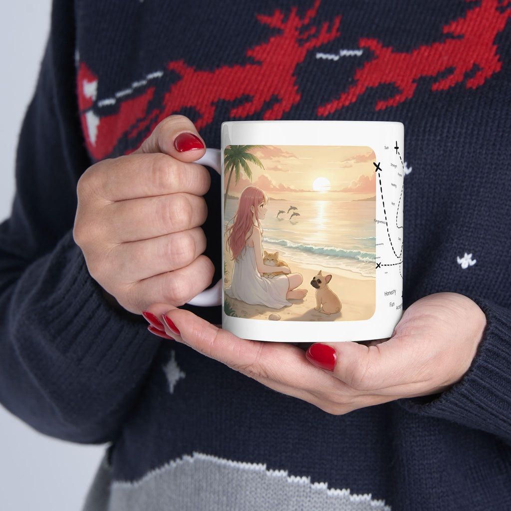 Cute French Bulldog, Pug & Orange Cat Coastal Vibe White Ceramic Mug, Cozy Sunset Seascape Anime Girl Cup (11oz, 15oz)