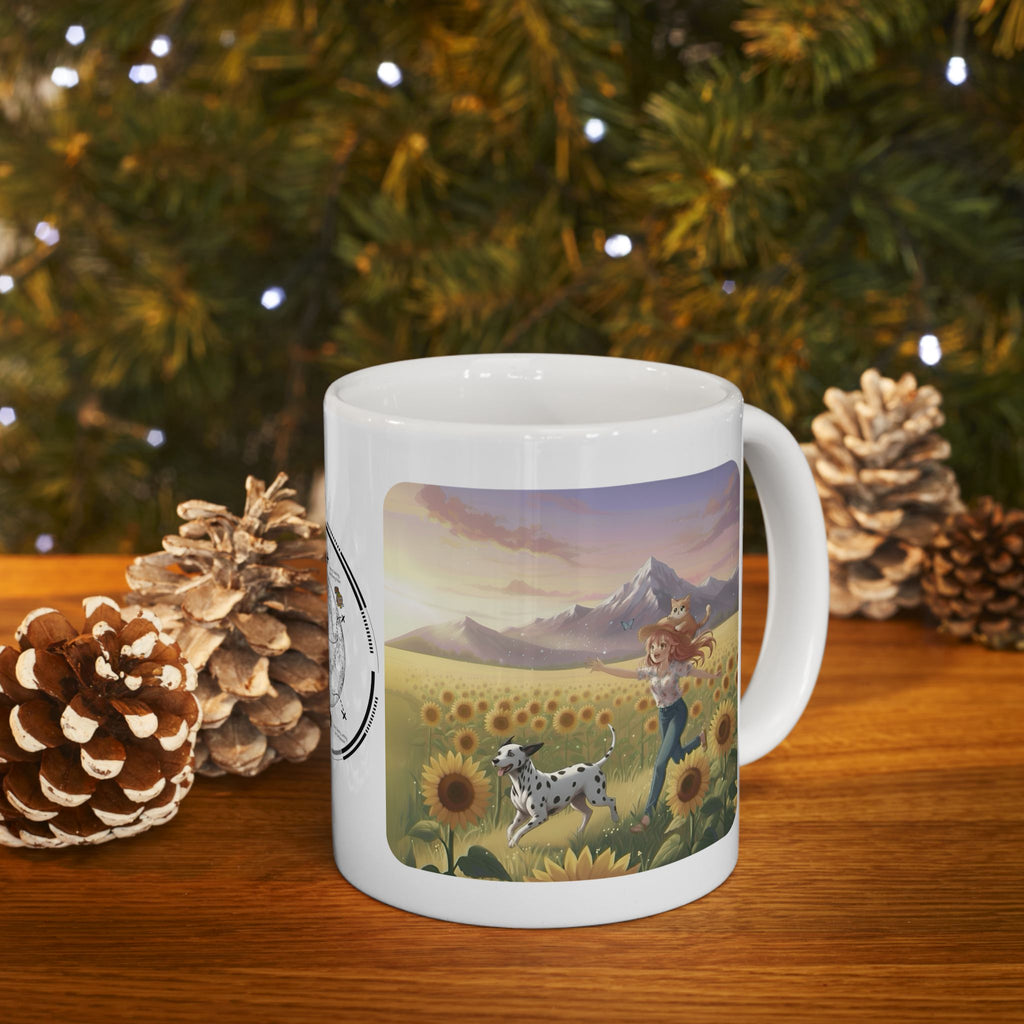 Dalmatian Dog Orange Cat Sunset & Sunflower White Ceramic Mug — Peaceful Waves Anime Girl Boho Beach Vibes Cup (11oz, 15oz)