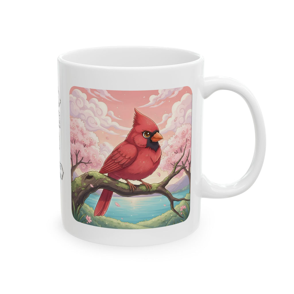 Kawaii Red Cardinal Quiet Moments White Ceramic Mug in Sakura Japan, Cozy Sakura Serenity Japanese Cherry Blossom Landscape Cup, 11oz & 15oz